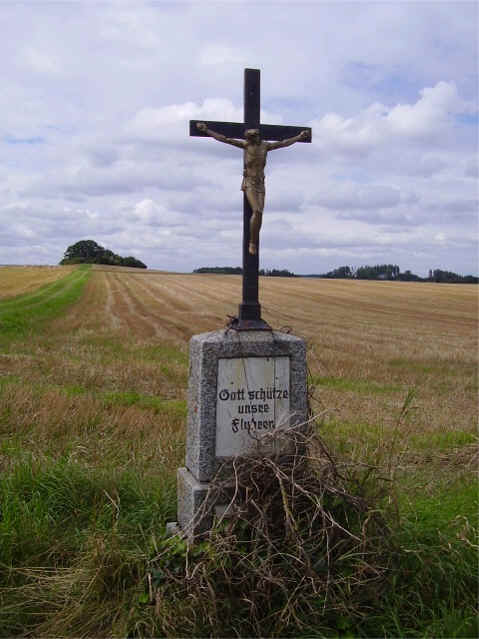 Flurkreuz, Strae Michelwinnaden Richtung Winterstettendorf, Aufschrift "Gott schtze unsere Fluhren" und "Mein Jesus Barmherzigkeit" (vom Gestruch verdeckt)